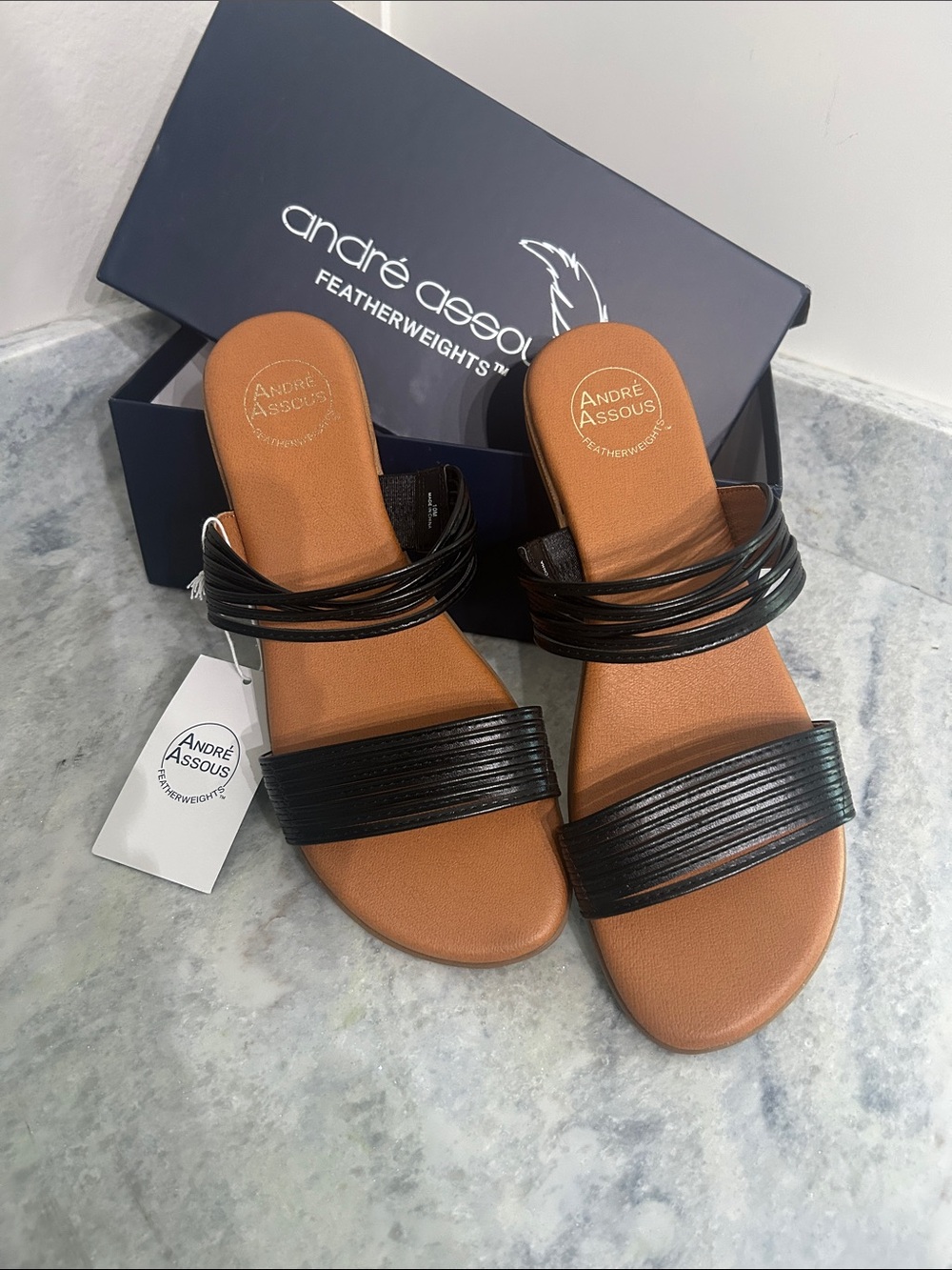 Andre Assous Black Multi-Strap Slide Sandals with Tan Footbed